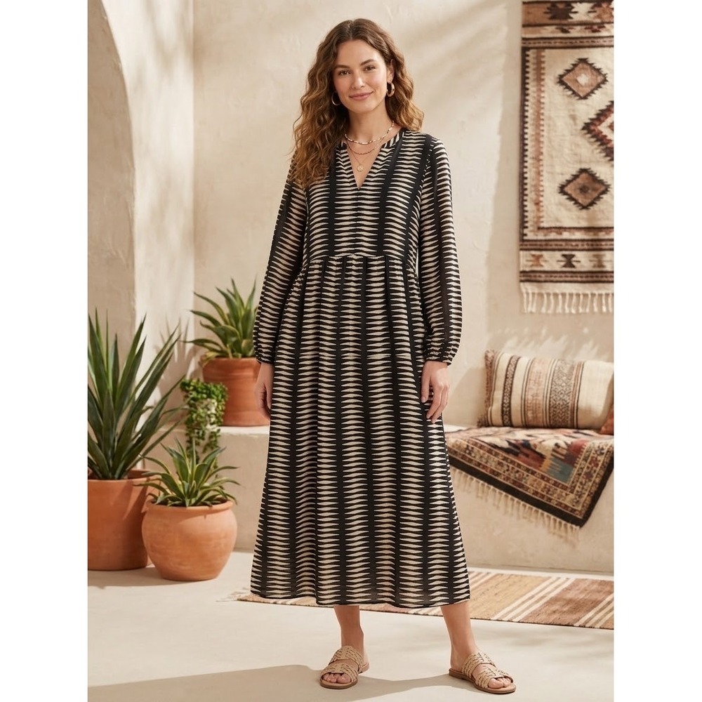 World Market Womens L/XL Black Cream Geometric Print Viscose Midi Dress Boho